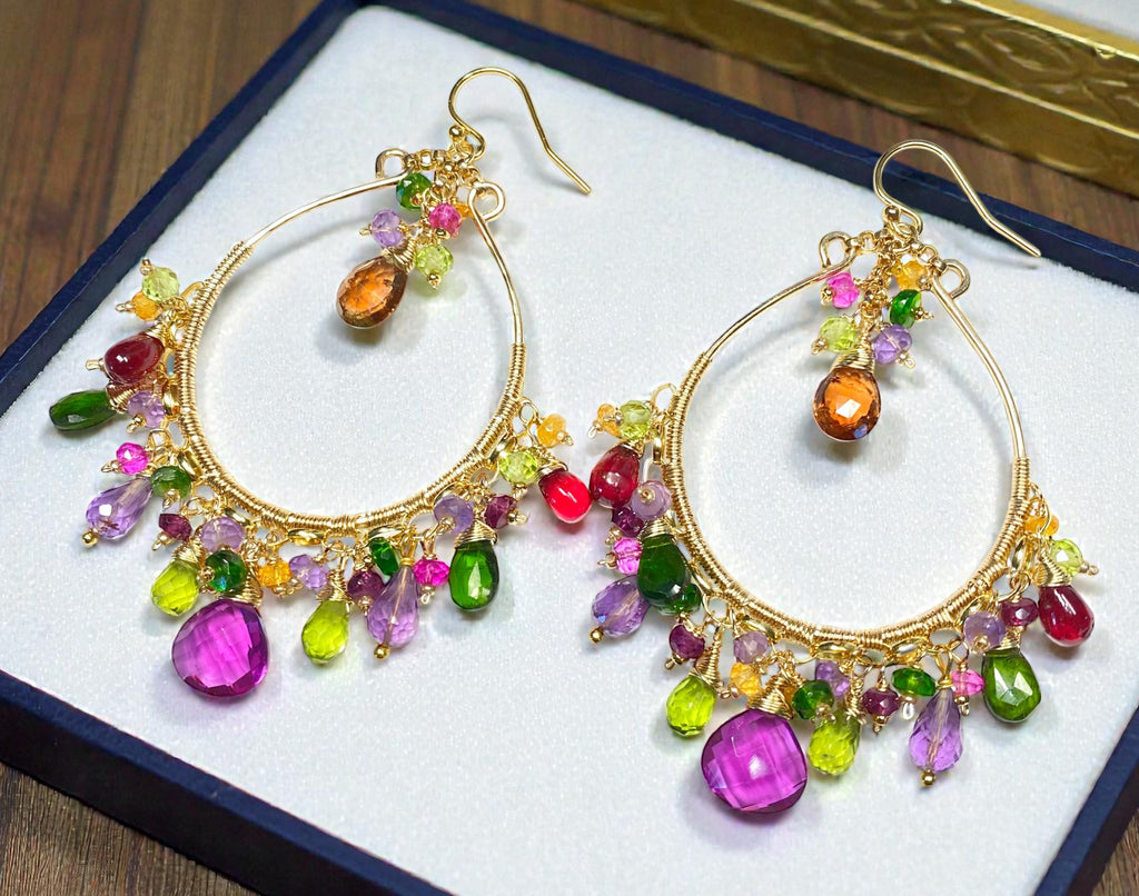 Statement Multi Gemstone Chandelier Hoop 14k Gold Fill Earrings - Violet, Green, Pink