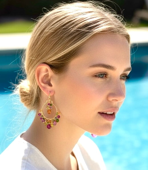 Statement Multi Gemstone Chandelier Hoop 14k Gold Fill Earrings - Violet, Green, Pink