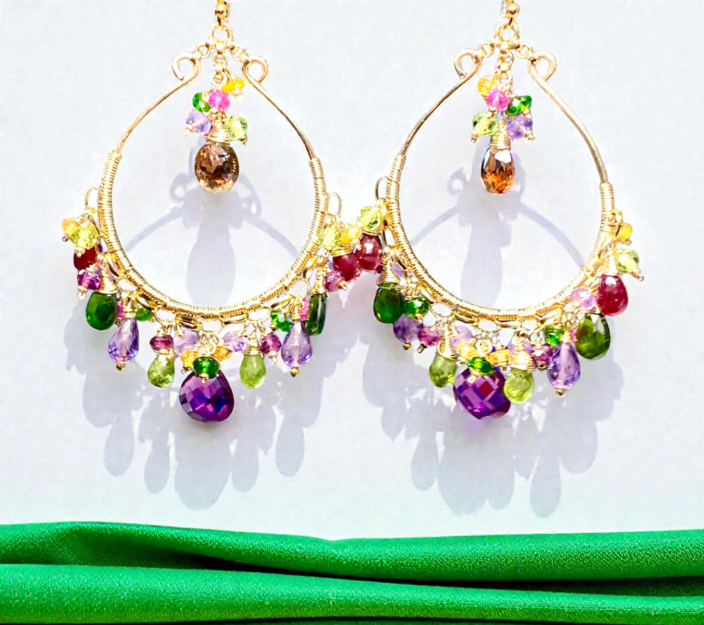 Statement Multi Gemstone Chandelier Hoop 14k Gold Fill Earrings - Violet, Green, Pink