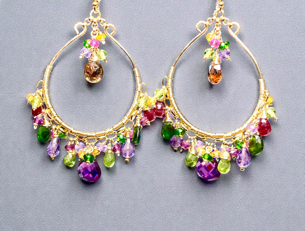 Statement Multi Gemstone Chandelier Hoop 14k Gold Fill Earrings - Violet, Green, Pink
