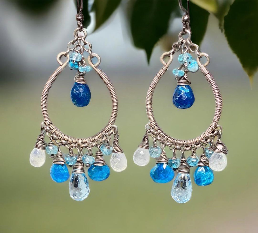 Rainbow Moonstone Hoop Chandelier Earrings Oxidized Silver Blue Topaz Teal Apatite