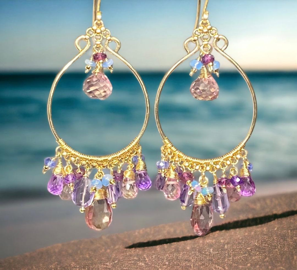 statement gold fill chandelier earrings with lavish gemstone dangles in pink, lavenders, violet colors, handmade