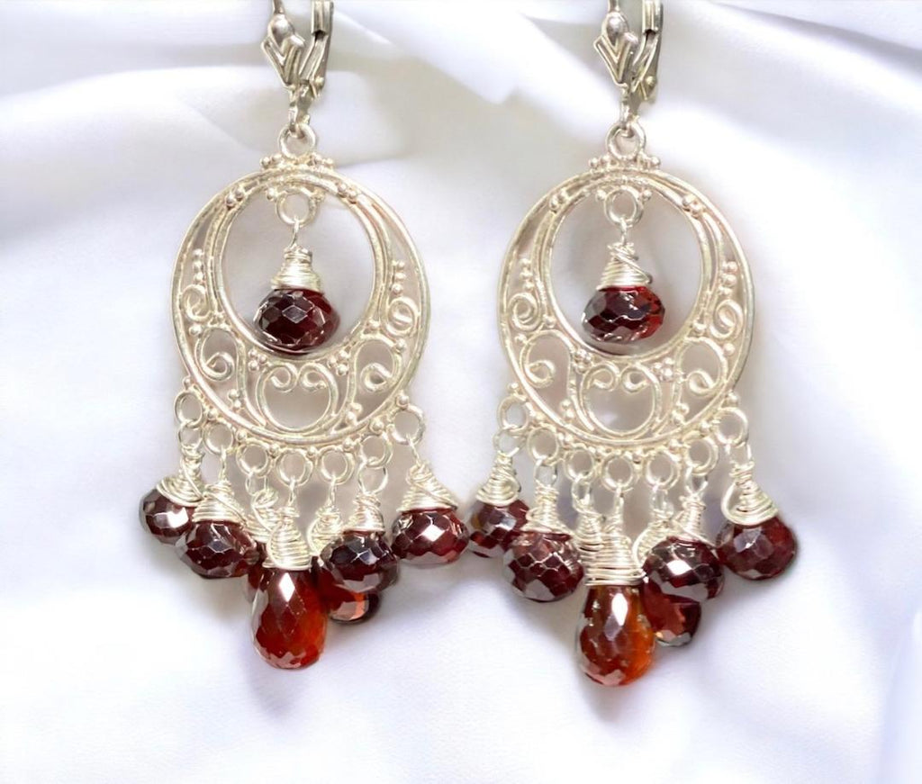 Garnet Chandelier Earrings Sterling Silver Garnet Hoops