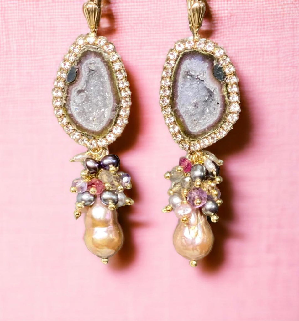 Grey Tabasco Geode and Baroque Pearl Cluster Dangle Earrings - Pink, Plum, Grey