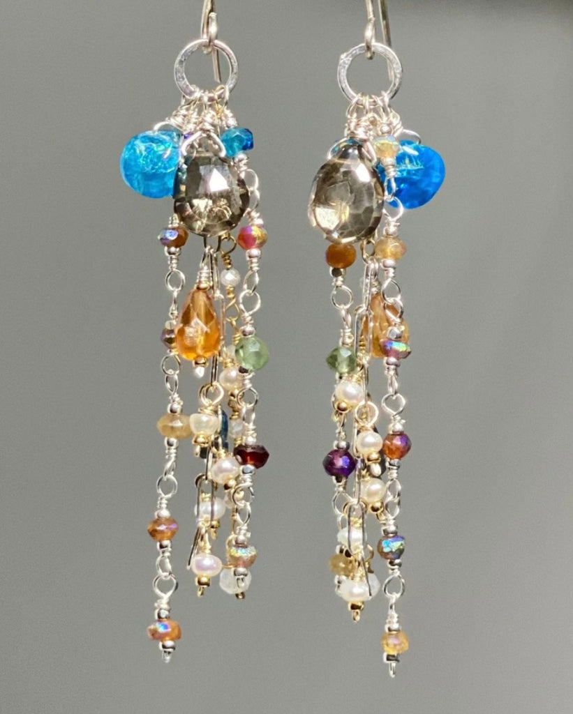 Boho Long Gem Dangle Earrings in Mixed Metals with Smokey Quartz, Apatite