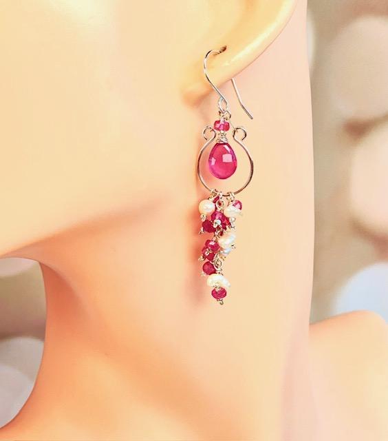 Pink Sapphire and Keishi Pearl Chandelier Hoop Earrings Sterling Silver - Doolittle