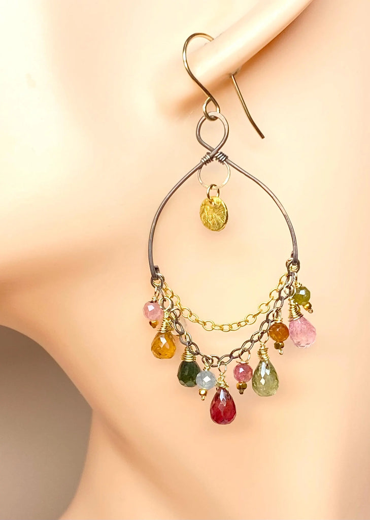 Tourmaline Gemstone Chandelier Earrings in Mixed Metals