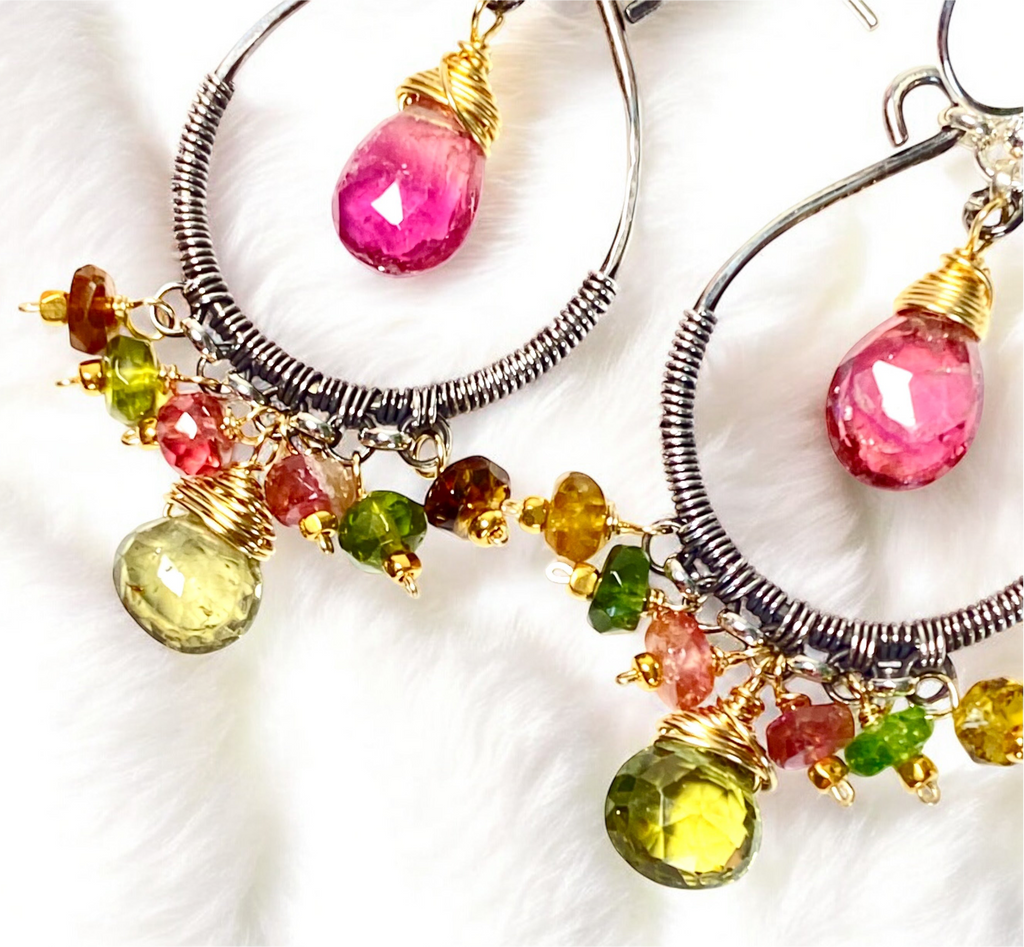 Pink and Green Tourmaline Mixed Metal Hoop Chandelier Earrings