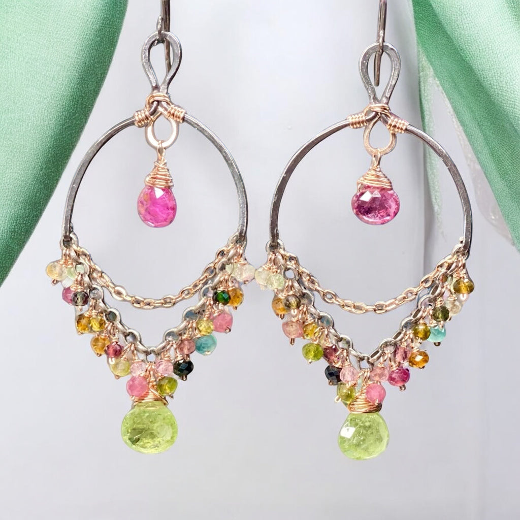 Tourmaline Chandelier Earrings Mixed Metal Boho Style 2