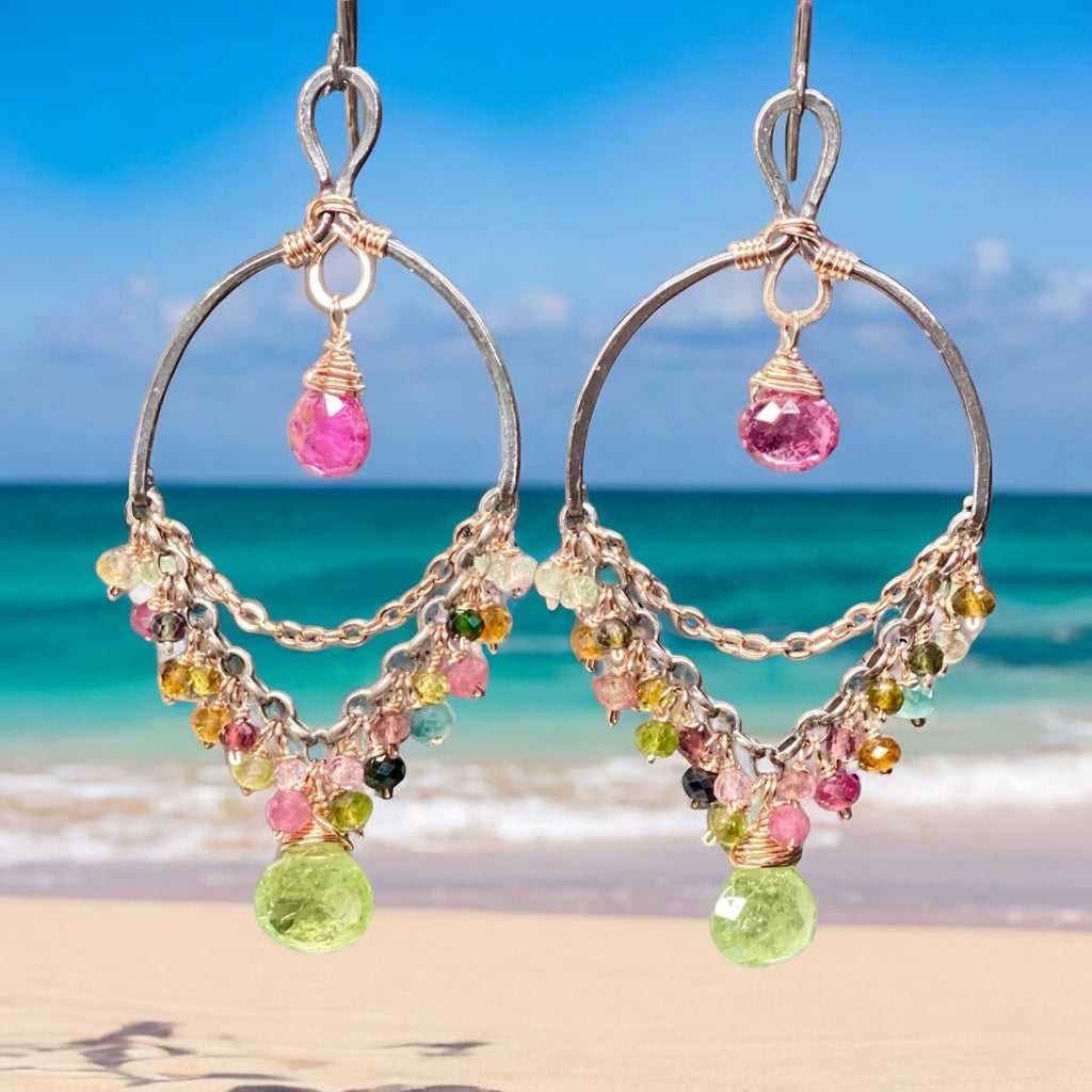 Tourmaline Chandelier Earrings Mixed Metal Boho Style 2