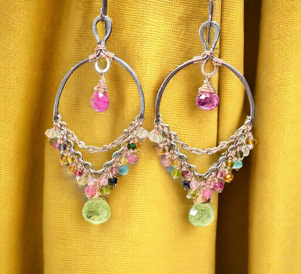 Tourmaline Chandelier Earrings Mixed Metal Boho Style 2