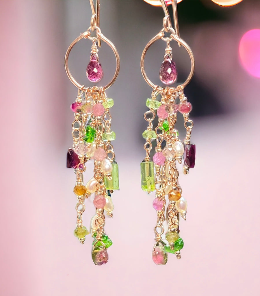 Rubellite Tourmaline Multicolor Gemstone Long Boho Dangle Earrings Rose Gold