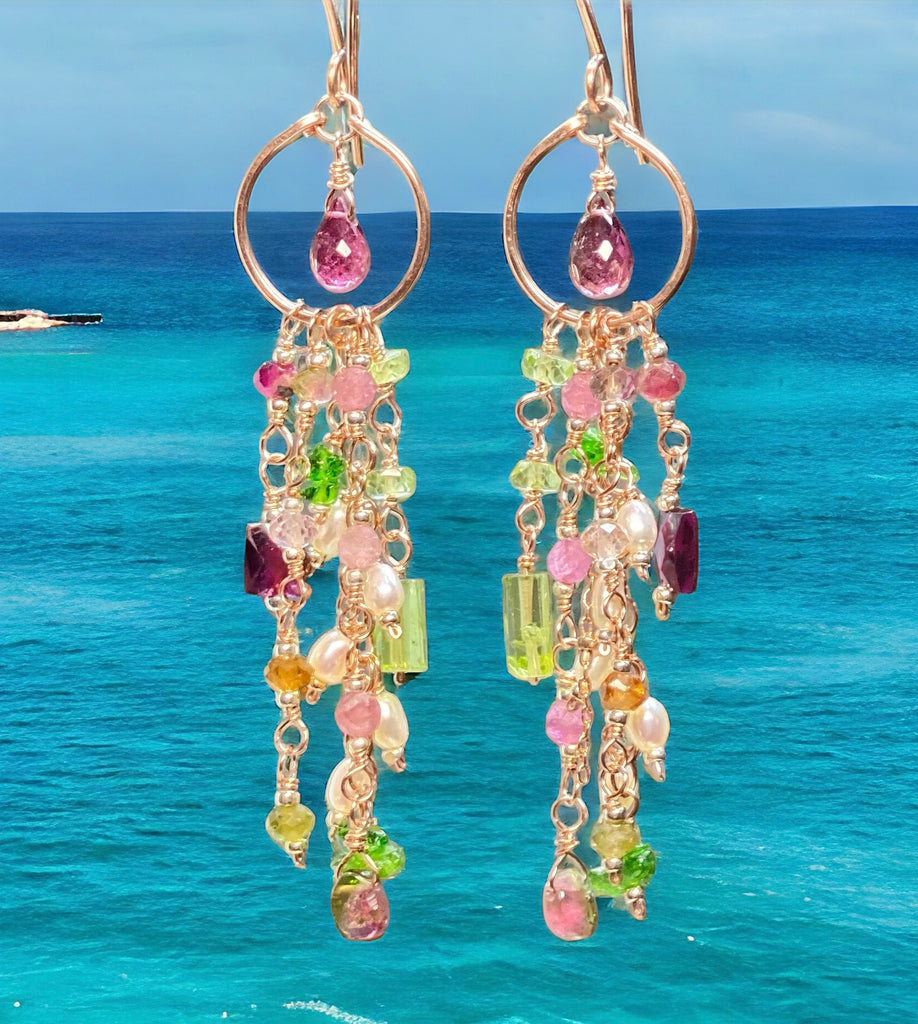 Rubellite Tourmaline Multicolor Gemstone Long Boho Dangle Earrings Rose Gold