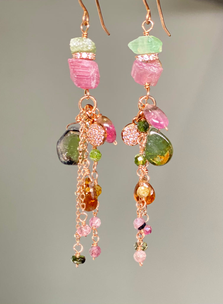 Tourmaline Dangle Earrings Rose Gold Pink Green Watermelon