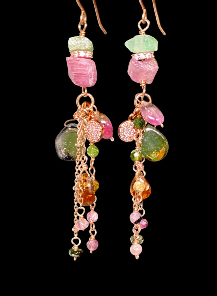 Tourmaline Dangle Earrings Rose Gold Pink Green Watermelon