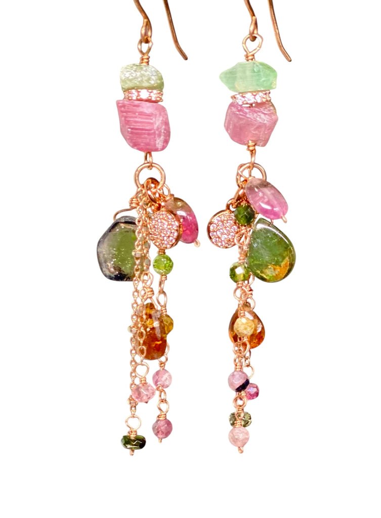 Tourmaline Dangle Earrings Rose Gold Pink Green Watermelon