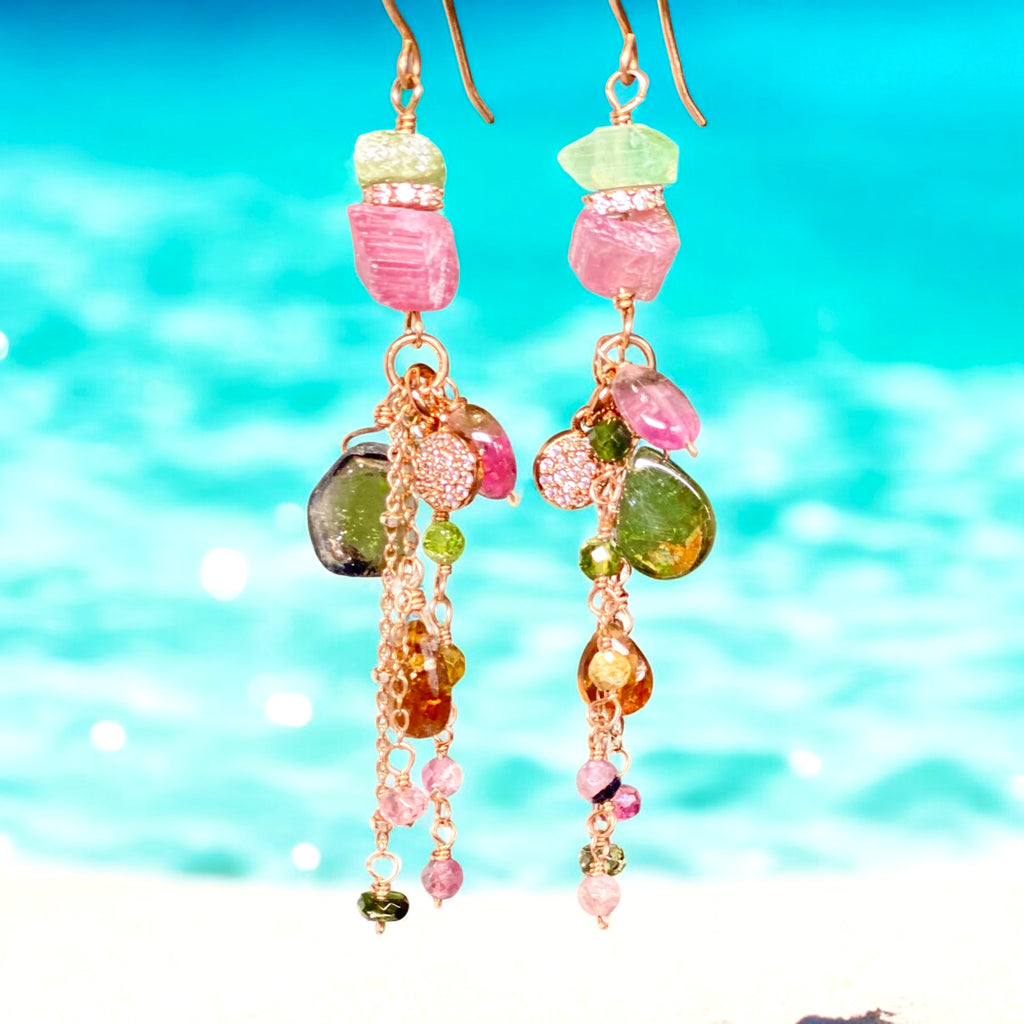 Tourmaline Dangle Earrings Rose Gold Pink Green Watermelon