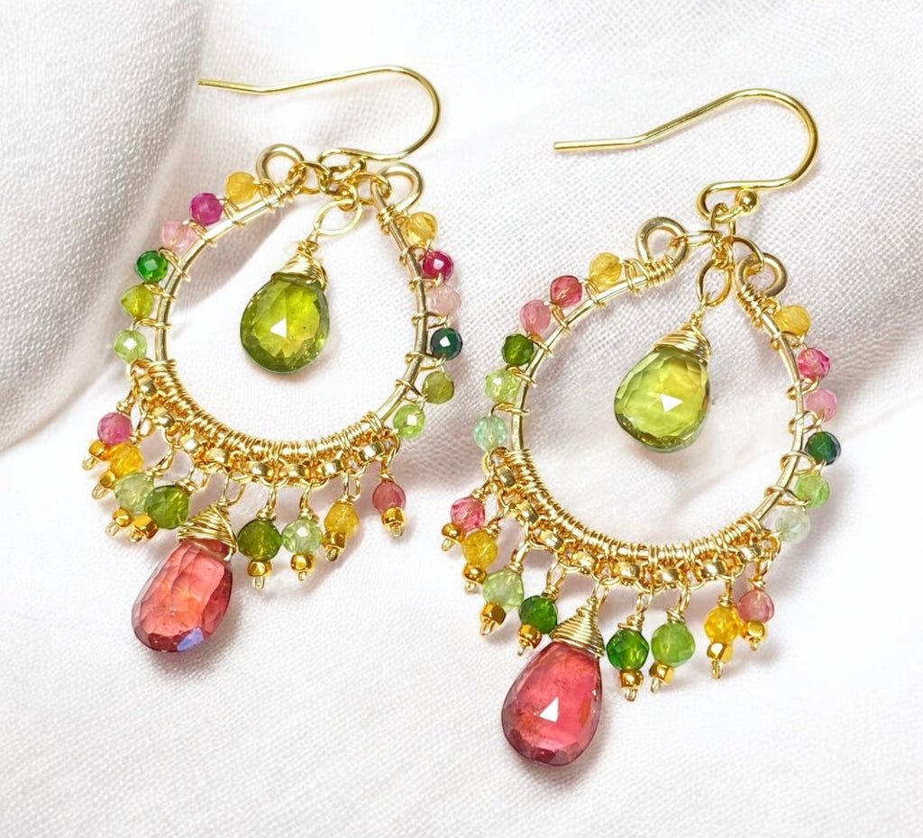 Tourmaline Gemstone Chandelier Hoop Earrings Gold Fill 2