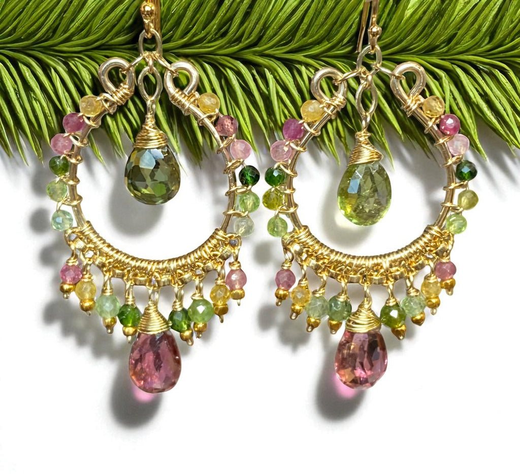 Tourmaline Gemstone Chandelier Hoop Earrings Gold Fill 2
