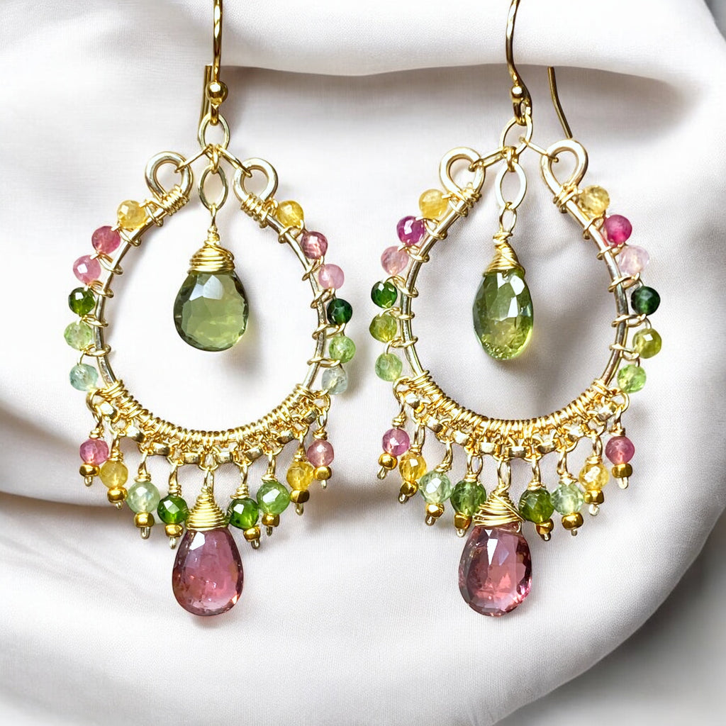 Tourmaline Gemstone Chandelier Hoop Earrings Gold Fill 2