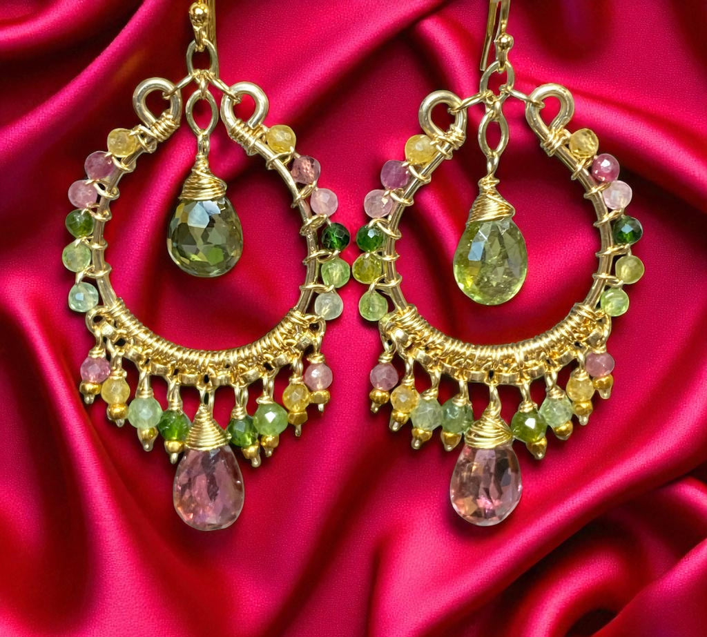 Tourmaline Gemstone Chandelier Hoop Earrings Gold Fill 2