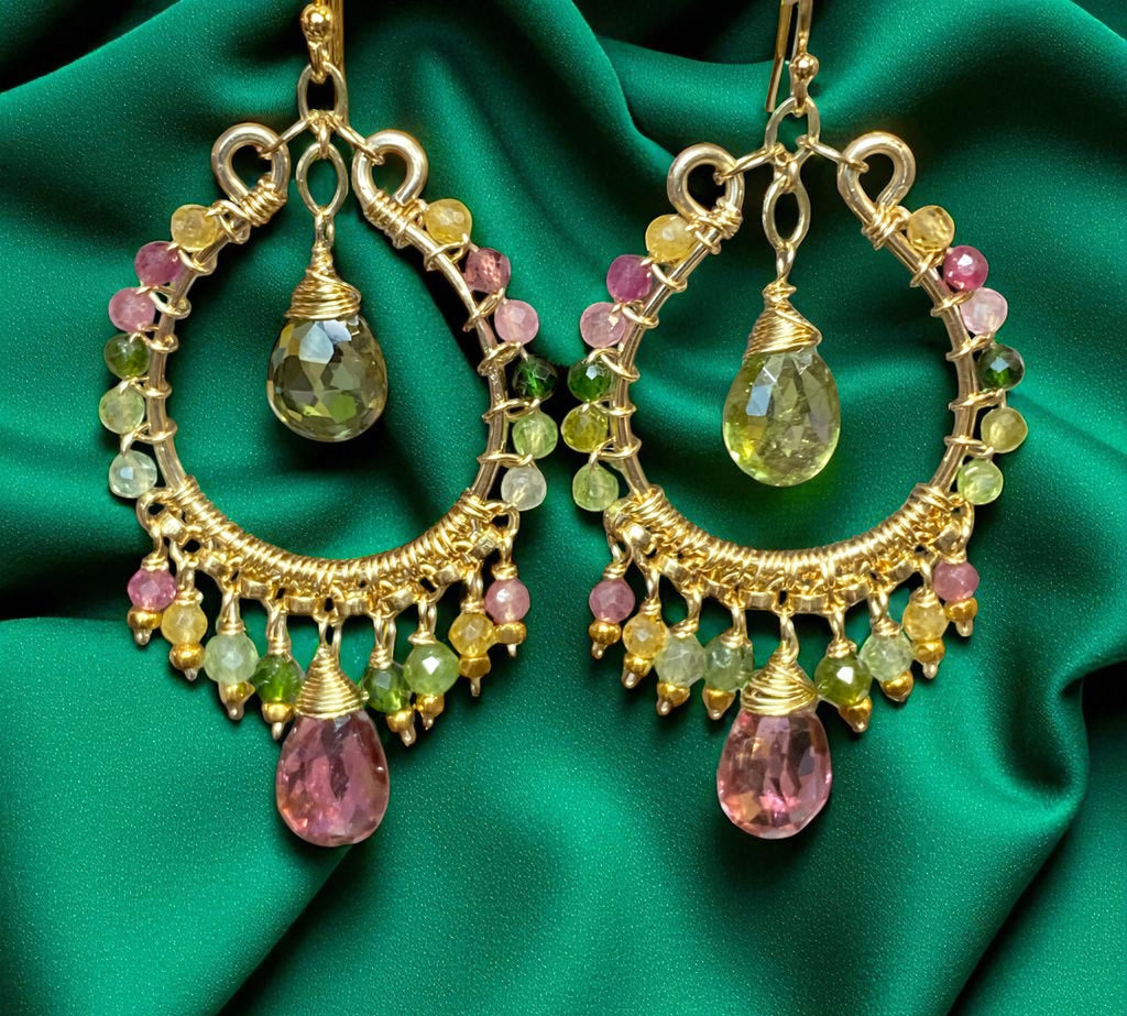 Tourmaline Gemstone Chandelier Hoop Earrings Gold Fill 2
