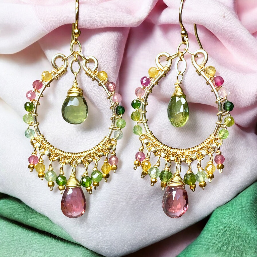 Tourmaline Gemstone Chandelier Hoop Earrings Gold Fill 2