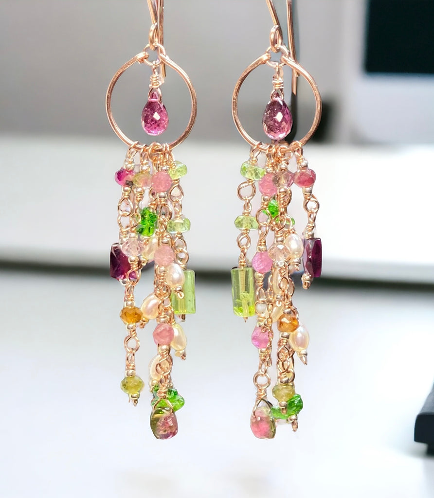 Rubellite Tourmaline Multicolor Gemstone Long Boho Dangle Earrings Rose Gold