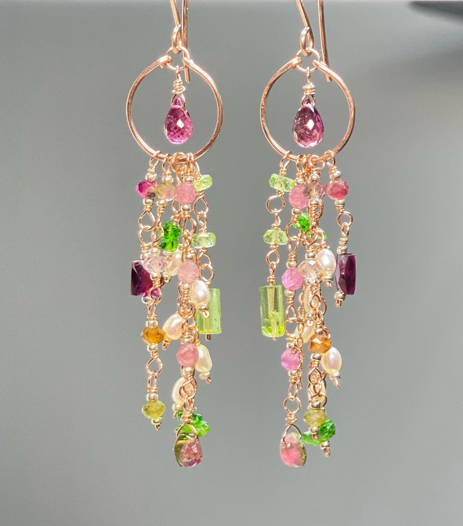 Rubellite Tourmaline Multicolor Gemstone Long Boho Dangle Earrings Rose Gold