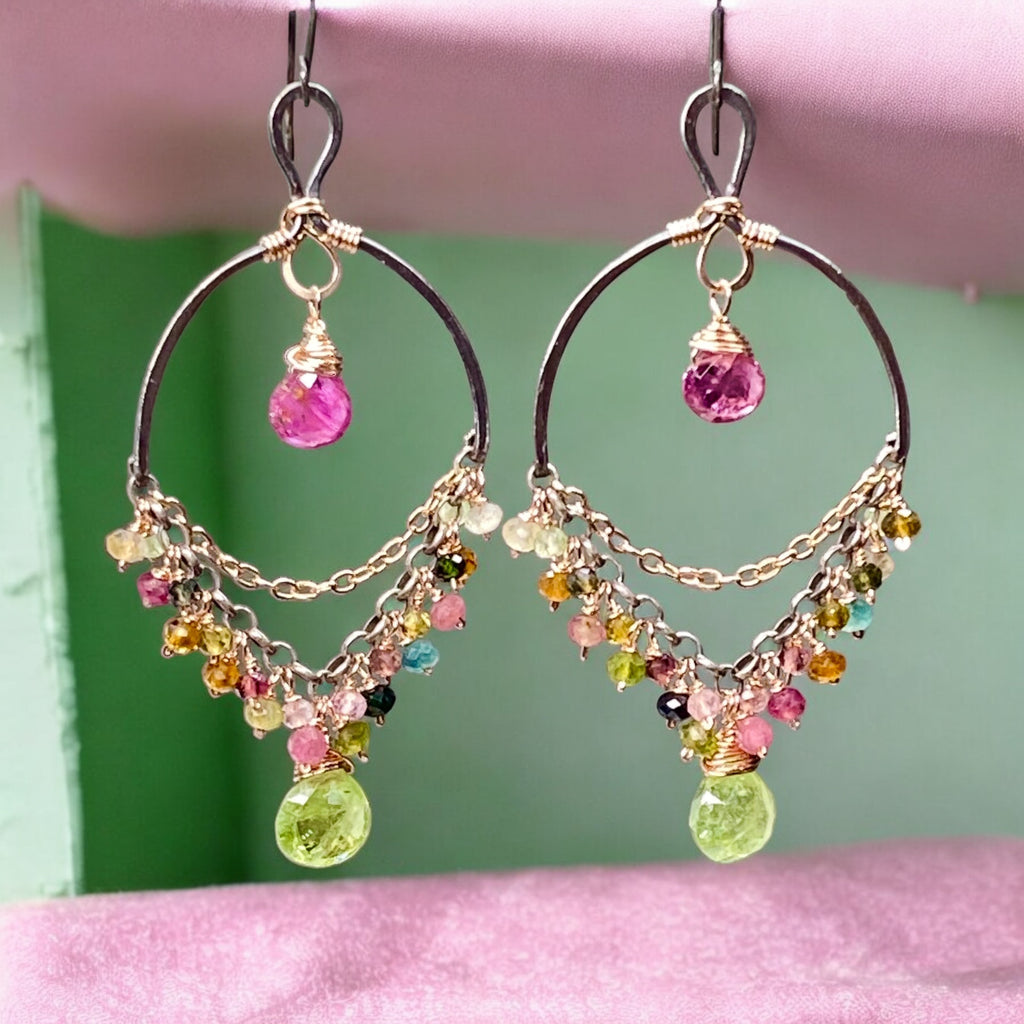 Tourmaline Chandelier Earrings Mixed Metal Boho Style 2