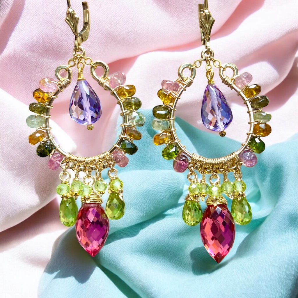 Gold Fill Chandelier Earrings: Tourmaline, Peridot, Amethyst, Rubellite