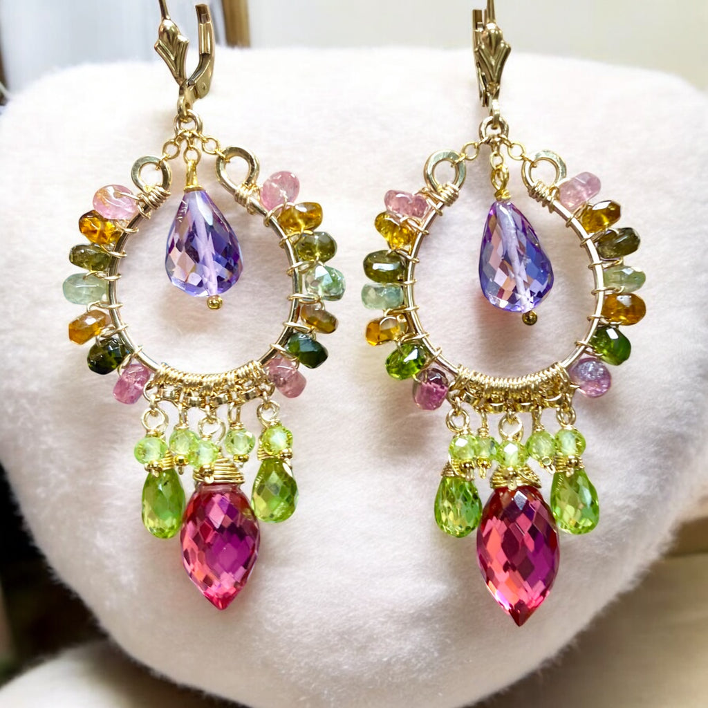 handmade gold filled chandelier earrings with gemstones of tourmaline, lavender amethyst, peridot and rubellite quartz