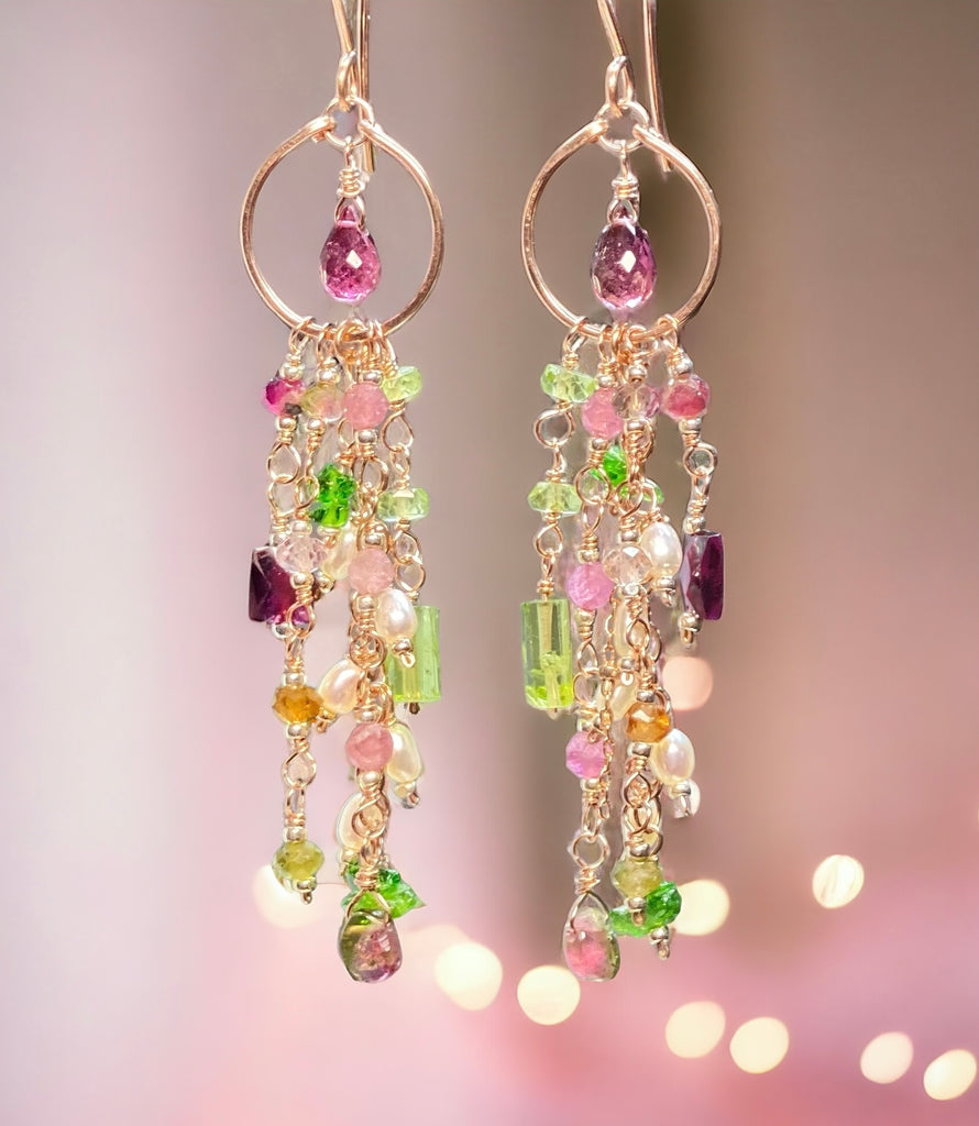 Rubellite Tourmaline Multicolor Gemstone Long Boho Dangle Earrings Rose Gold