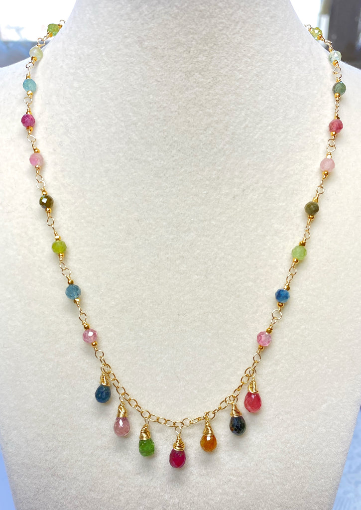Tourmaline Gold Fill Dangle Necklace Rosary Style Wire Wrap