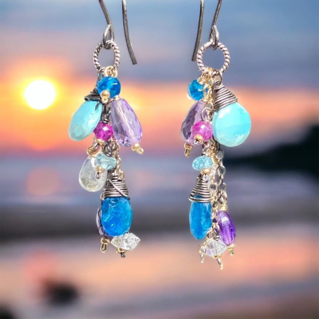 Sleeping Beauty Turquoise Dangle Earrings with Moonstone, Amethyst in Mixed Metals