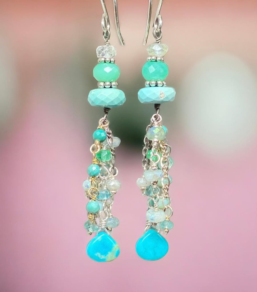 Multi Gemstone Gem Dangle Earrings, Tassel Style, Turquoise, Chrysoprase, Sterling Silver