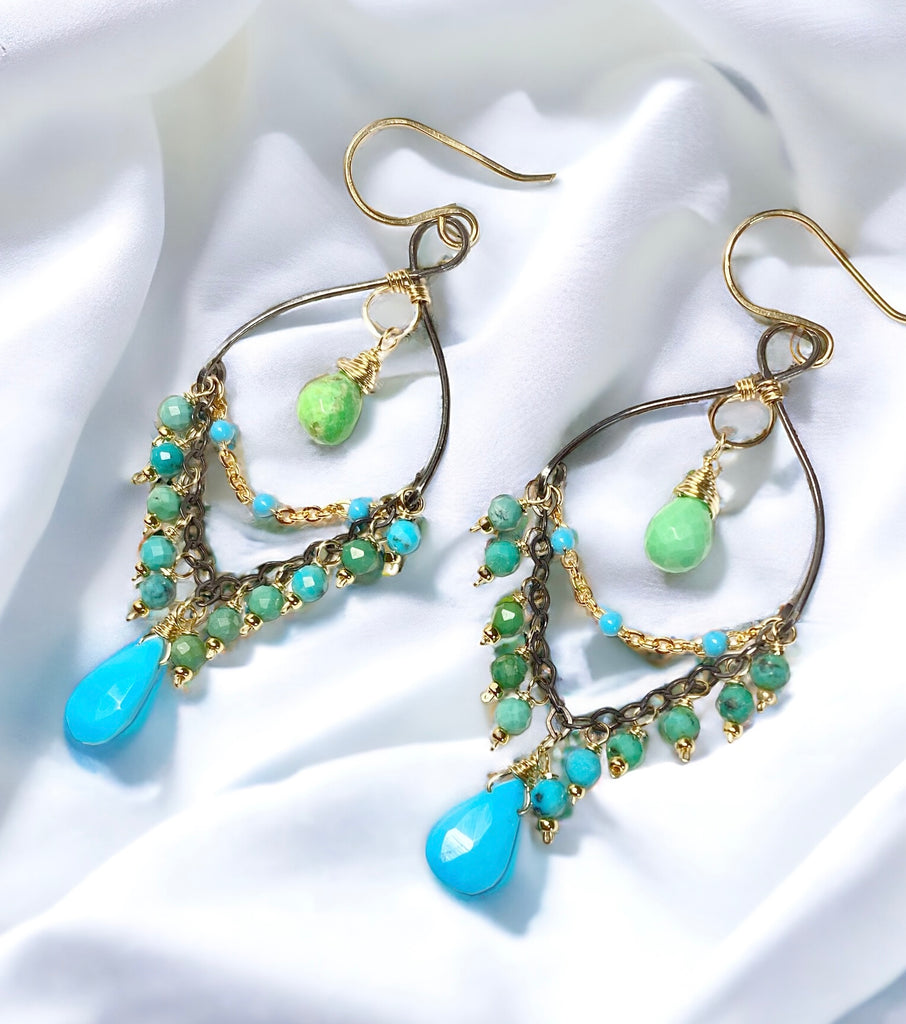 Turquoise Gemstone Mixed Metal Chandelier Earrings