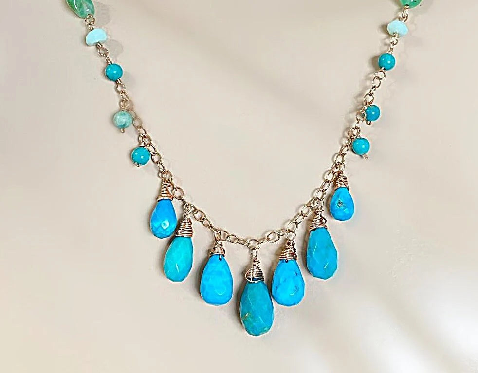 Turquoise Rose Gold Wire Wrapped Boho Necklace with Dangles - Doolittle