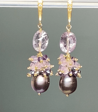 Amethyst Cluster Peacock Baroque Pearl Earrings Gold