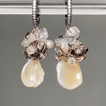 white keishi pearl black spinel cluster earrings