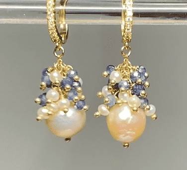 Blue Sapphire and pearl cluster earrings over blush Edison pearls approx. 10 mm. gold vermeil and gold fill