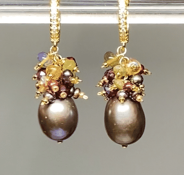 Holiday Pearl Earrings with festive colorful gemstone clusters on 14 kt gold fill