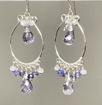 Hand forged sterling silver chandelier hoop earrings  with blue violet quartz, tanzanite, iolite and moonstone