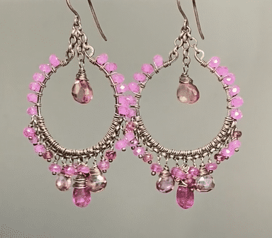 Pink Sapphire chandelier hoop earrings in oxidized sterling silver