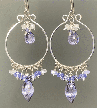 Sterling silver chandelier hoop earrings with blue purple gemstones