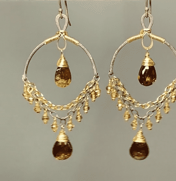dravite tourmaline chandelier earrings in mixed metals - oxidized sterling silver and 14 kt gold fill