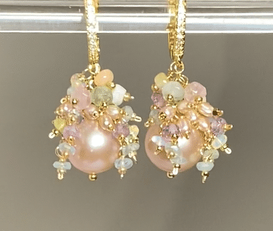 round pink pearl earrings with gemstone clusters