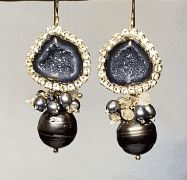 Black Tabasco Geode Earrings with Tahitian Pearls and Opal Clusters