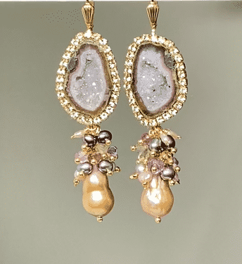grey tabasco geode diamond style dangling natural baroque pearls and gemstone clusters