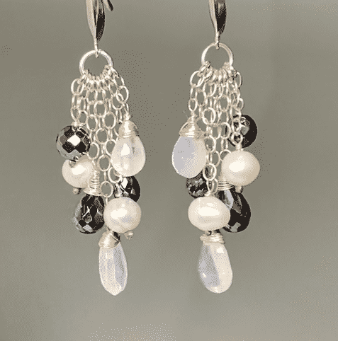 Black and White, Moonstone Black Spinel Dangle Earrings, Sterling SIlver